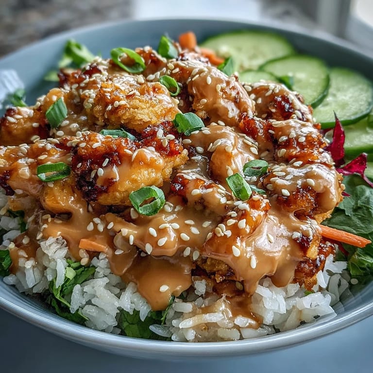 This Bang Bang Chicken Bowl features golden chicken pieces, shredded carrots, crisp cucumber, and red cabbage over white rice, garnished with green onions and sesame seeds.