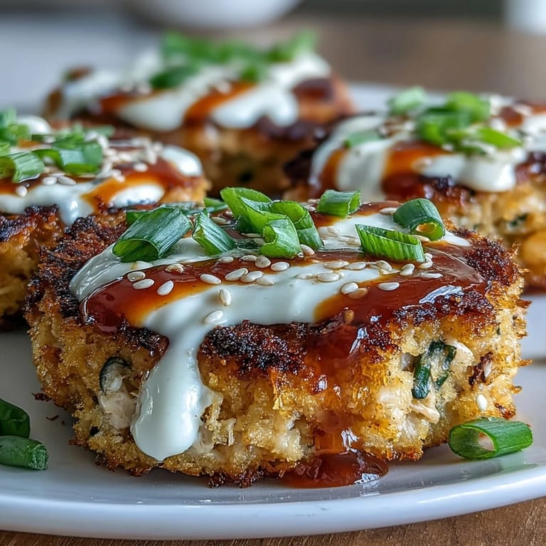 Freshly cooked Asian-Style Tuna Cakes on a white plate, topped with sesame seeds and sliced green onions, ready to be enjoyed as an appetizer.