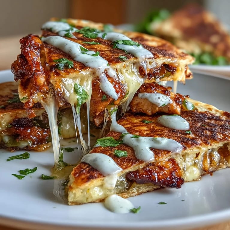 A slice of Cheesy Hot Honey Chicken Quesadilla with visible spicy chicken and creamy jalapeño sauce, perfect for a quick weeknight Mexican-style dinner.