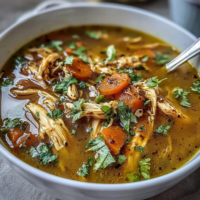 Golden Anti-Inflammatory Turmeric Chicken Soup served in a rustic bowl, featuring tender shredded chicken and spinach.  