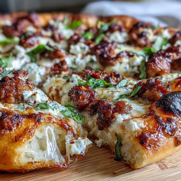 Fresh basil leaves garnish the hot sausage feta honey pizza, featuring a generous drizzle of spicy honey for a sweet heat.  