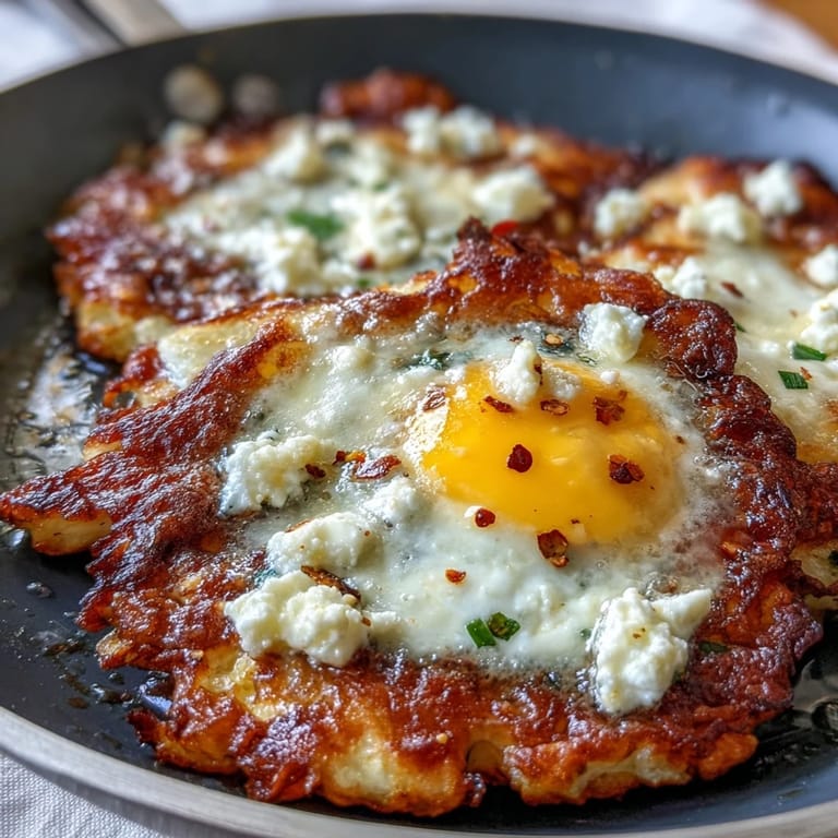 A close view of a savory breakfast dish featuring Crispy Feta Fried Eggs with runny yolks and crunchy cheese edges.