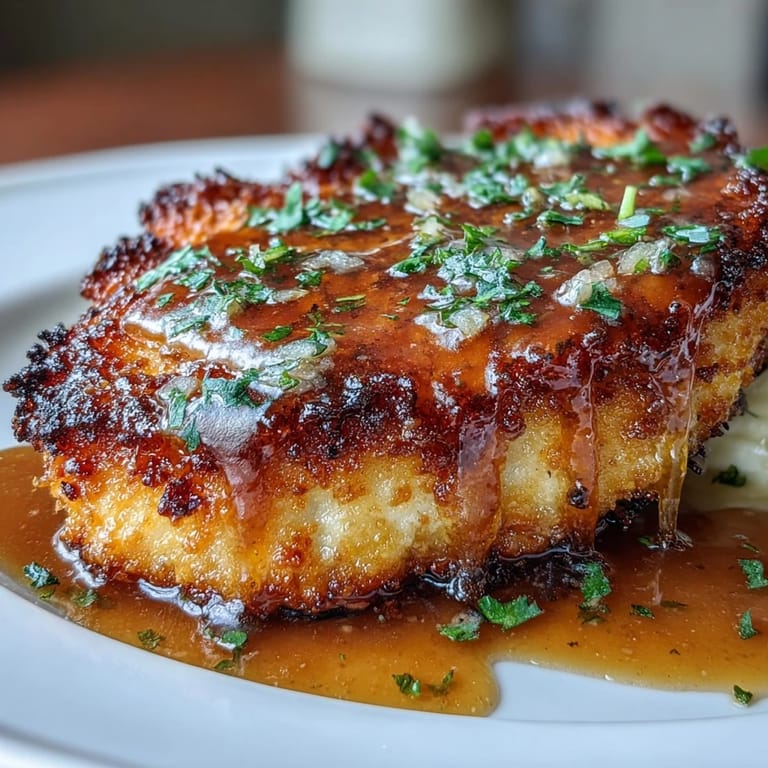 Tender, pan-fried Parmesan crusted chicken breasts topped with silky lemon butter sauce and fresh parsley for a family dinner.