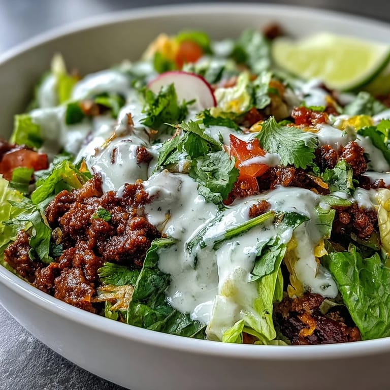Delicious Healthy Taco Bowl featuring seasoned beef and crisp toppings, ready to eat.