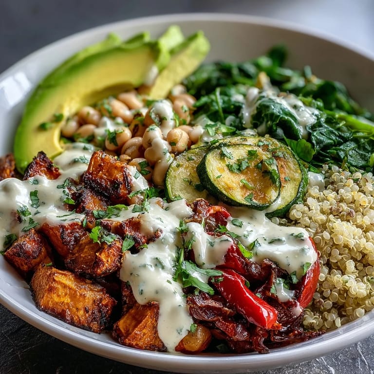 Colorful vegan Black-Eyed Pea Buddha Bowl with golden roasted red peppers and onions, garnished with fresh cilantro and a drizzle of tangy tahini dressing.