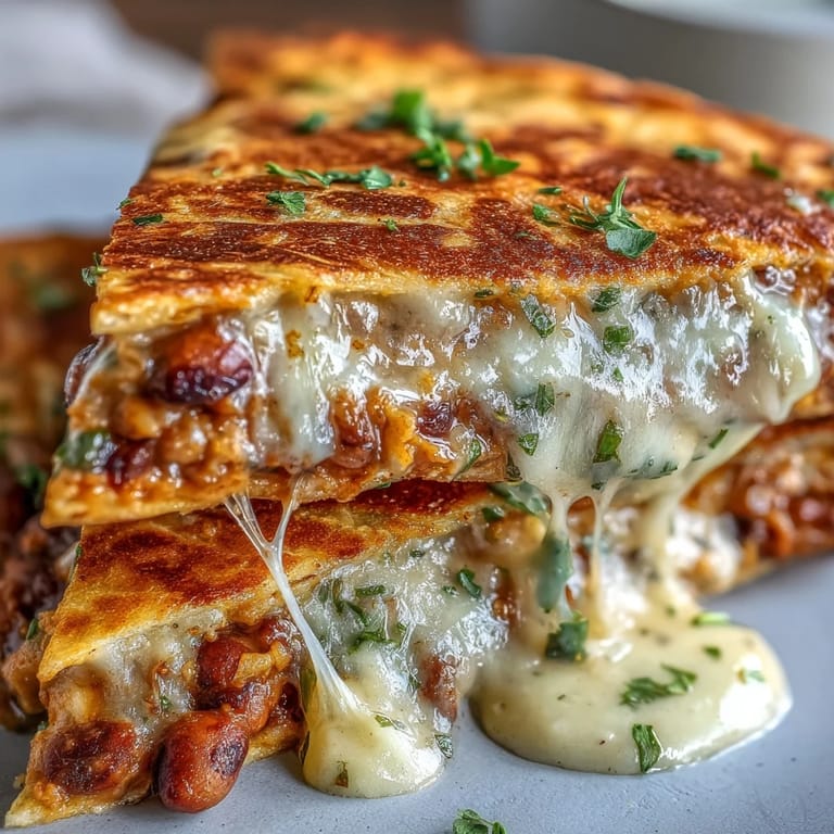 A sizzling skillet presents a freshly flipped Black-Eyed Pea Quesadilla, revealing a savory filling of cumin-spiced peas and melted cheddar.