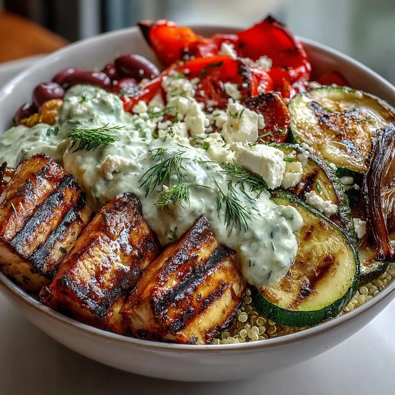 A vibrant vegetarian Mediterranean bowl with golden halloumi, quinoa, and grilled zucchini, drizzled with creamy tzatziki sauce.