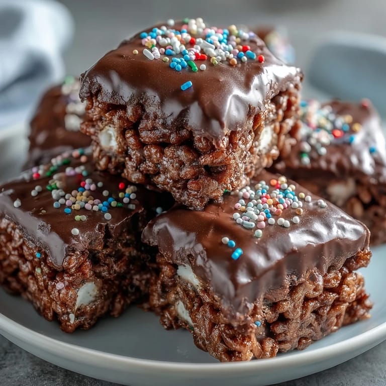 Close-up of Chocolate Covered Rice Krispy Treats with a shiny chocolate coating and marshmallow base, ready to be served on a plate.