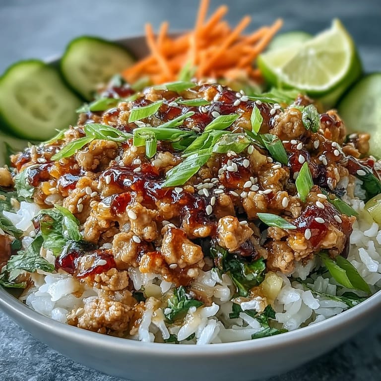 Close-up of Bang Bang Ground Turkey Rice Bowls with tender turkey, shredded carrots, cucumbers, red cabbage, and a drizzle of creamy spicy sauce.