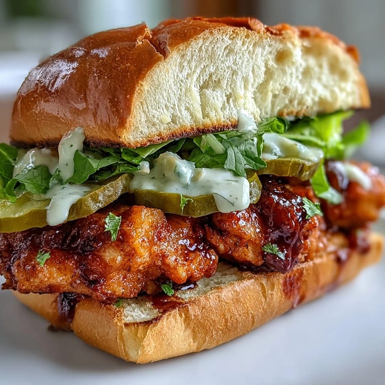 A close-up of a crispy spicy chicken sandwich with creamy homemade sauce dripping down the sides, served on a rustic wooden board.  