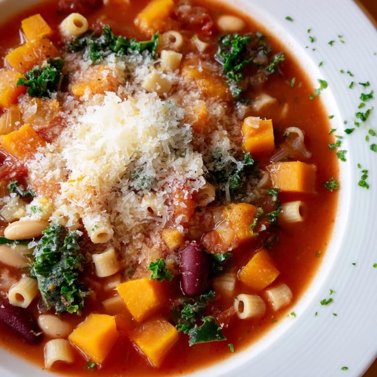 Close-up of Winter Minestrone Soup with Butternut Squash and Kale, showing beans, pasta, and vibrant vegetables.