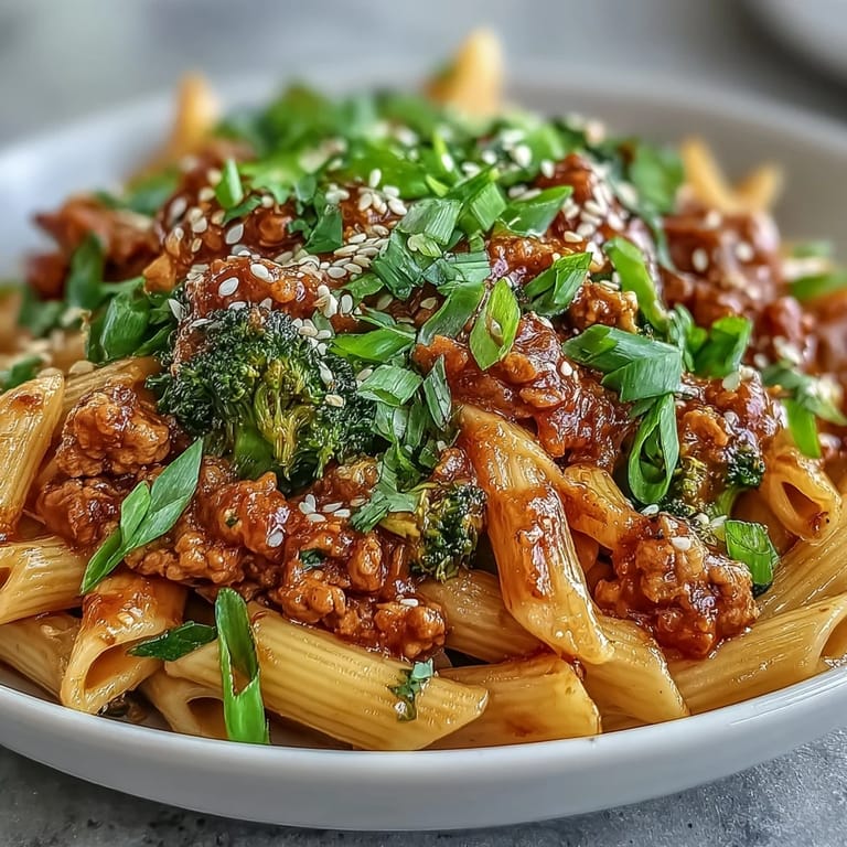 Savory Sweet & Spicy Turkey Broccoli Pasta in a skillet, garnished with green onions and sesame seeds, ready to serve for a weeknight dinner.