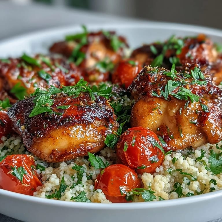 Tender One-Pan Garlic Butter Chicken nestled beside lemony couscous, steam rising from the savory, buttery pan.