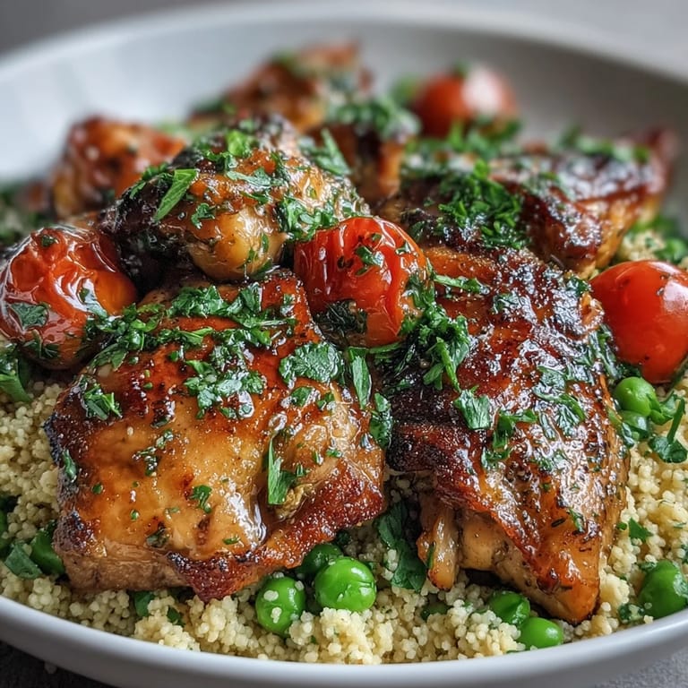 Skillet of One-Pan Garlic Butter Chicken and couscous garnished with fresh parsley, ready to serve for dinner.