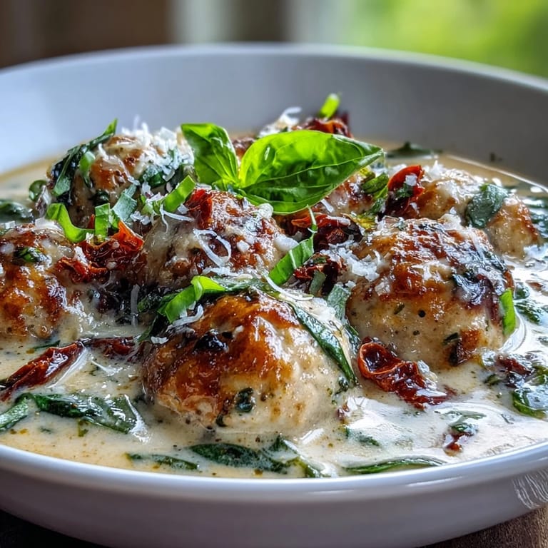 Steam rises from a bowl of Creamy Tuscan Turkey Meatball Soup, filled with wilted spinach and rich, creamy garlic broth.