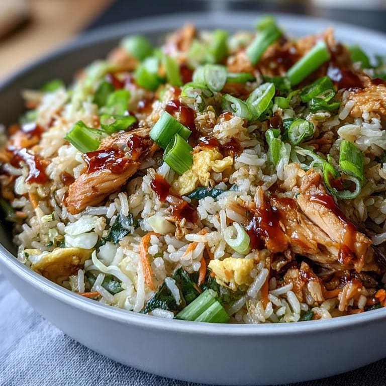 Steam rises from a plate of Egg Roll Fried Rice with Chicken, garnished with fresh green onions.