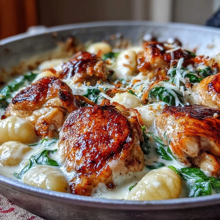 Bubbling One-Pan Creamy Garlic Chicken Gnocchi from a hot skillet, finished with fresh parsley and extra Parmesan.