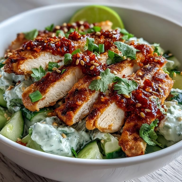 Seared golden chicken slices rest atop a vibrant salad of crisp cucumbers and fresh cilantro in this savory bowl.