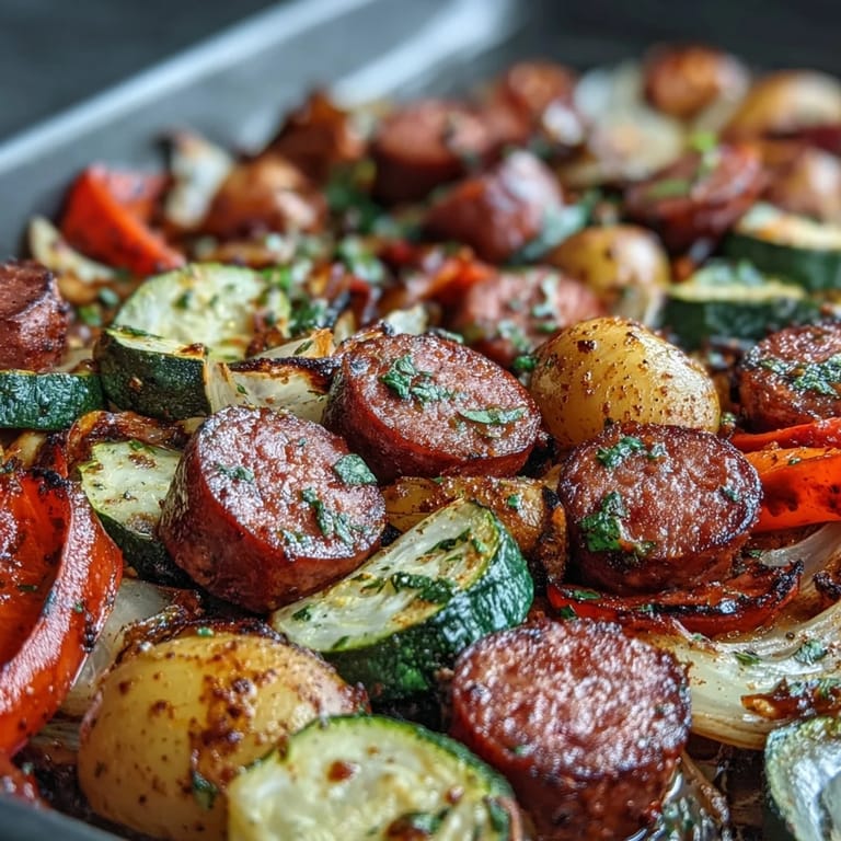 Family-style dinner of Smoky Sheet Pan Sausage & Veggies with Naan, highlighting charred edges and fresh parsley garnish on a rustic table.