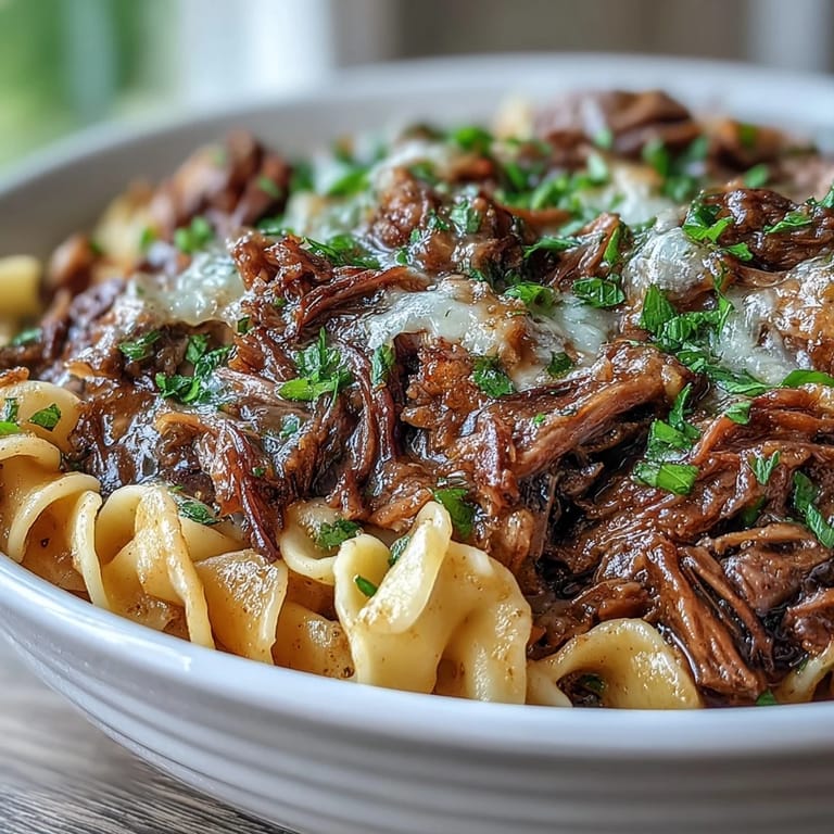 Slow-cooked shredded beef and caramelized onions create a rich, savory gravy over buttery egg noodles.