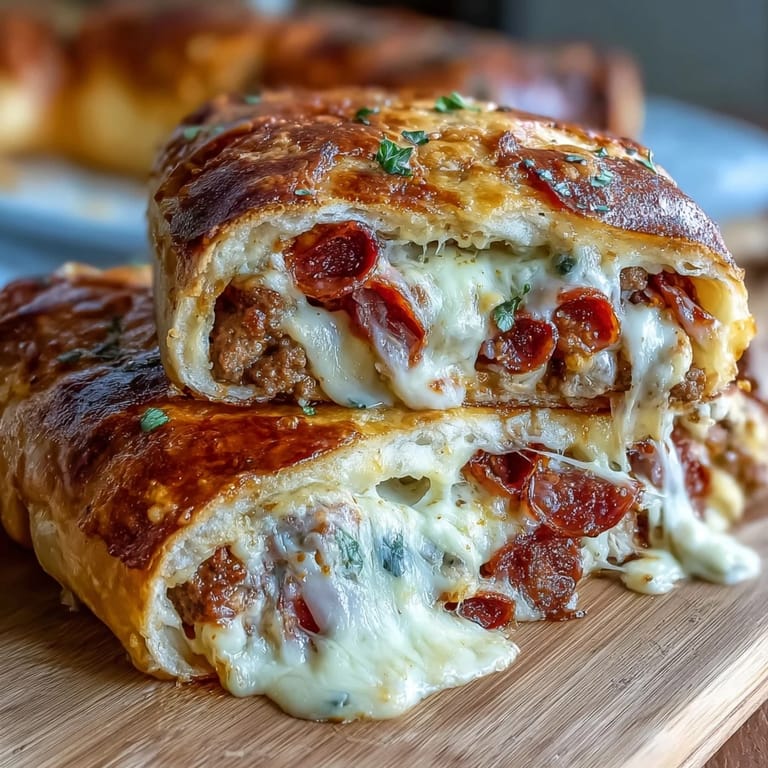 Freshly sliced Baked High-Protein Pepperoni Stromboli showcases cheesy mozzarella strands and pepperoni layers on a parchment-lined tray for a hearty family dinner.