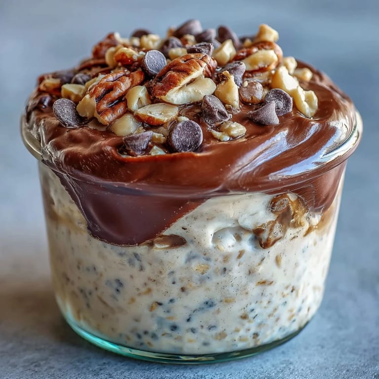 Two jars of peanut butter cup overnight oats with chopped peanuts and a drizzle of chocolate ganache.