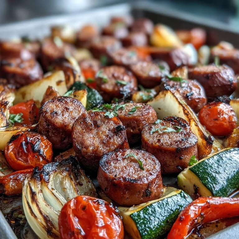 Golden garlic naan rests beside charred Smoky Sheet Pan Sausage & Veggies on a rustic sheet pan, ready for dunking.