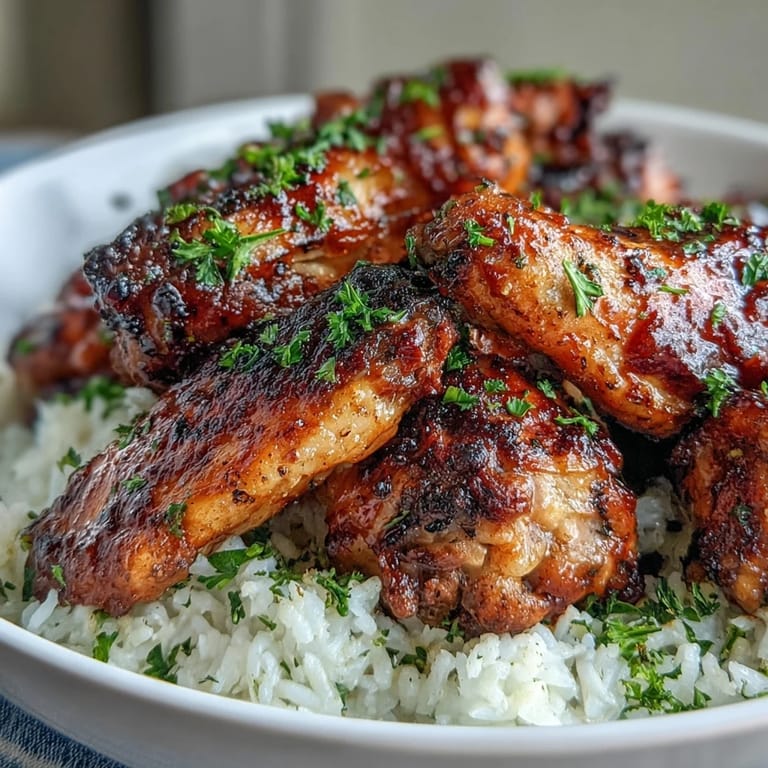 Golden-brown Oven-Baked Honey Garlic Chicken Wings & Rice is served steaming on a plate with a sprinkle of fresh parsley.