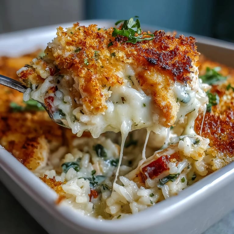 Serving spoon lifting a hearty portion of Creamy Garlic Chicken & Rice Casserole onto a white ceramic plate for dinner.