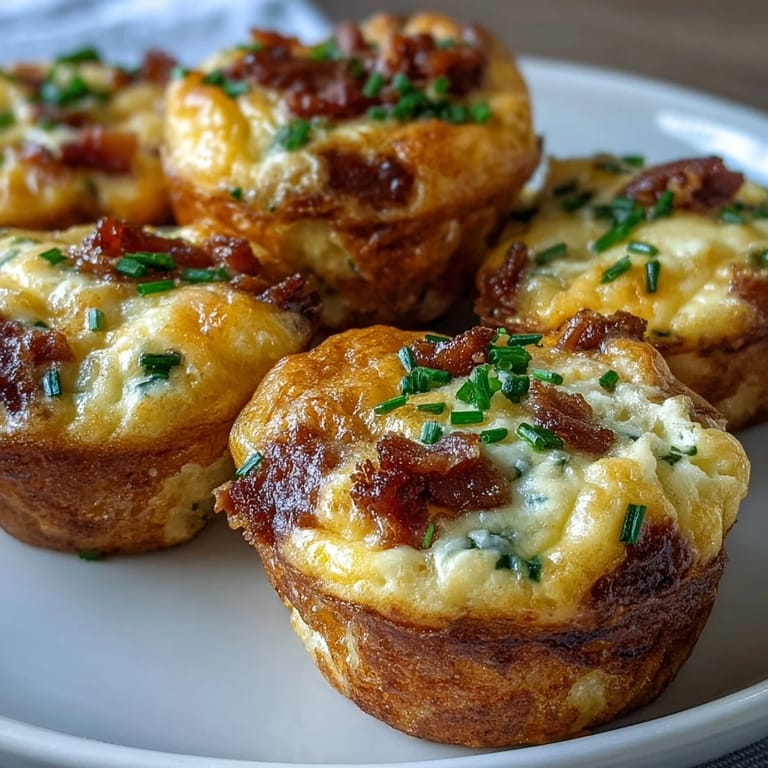 A close-up of Ranch Bacon Breakfast Egg Bites reveals fluffy texture with melted cheddar and crispy bacon bits, served alongside a cup of coffee for a savory morning treat.