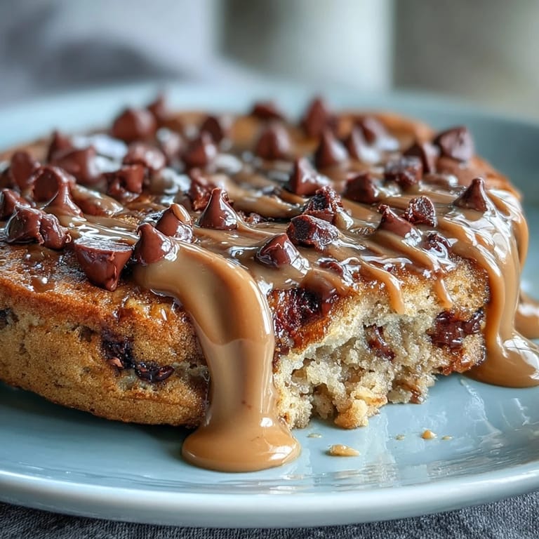 Golden-brown Peanut Butter Cup Protein Pancake Bowl served warm in a ramekin, highlighting its fluffy texture and rich chocolate-peanut butter topping.