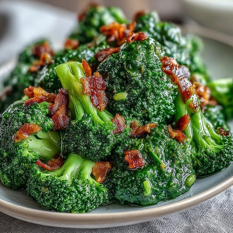 A close-up of saucy broccoli florets topped with crunchy bacon pieces, highlighting the savory garlic aroma and shimmering glaze.
