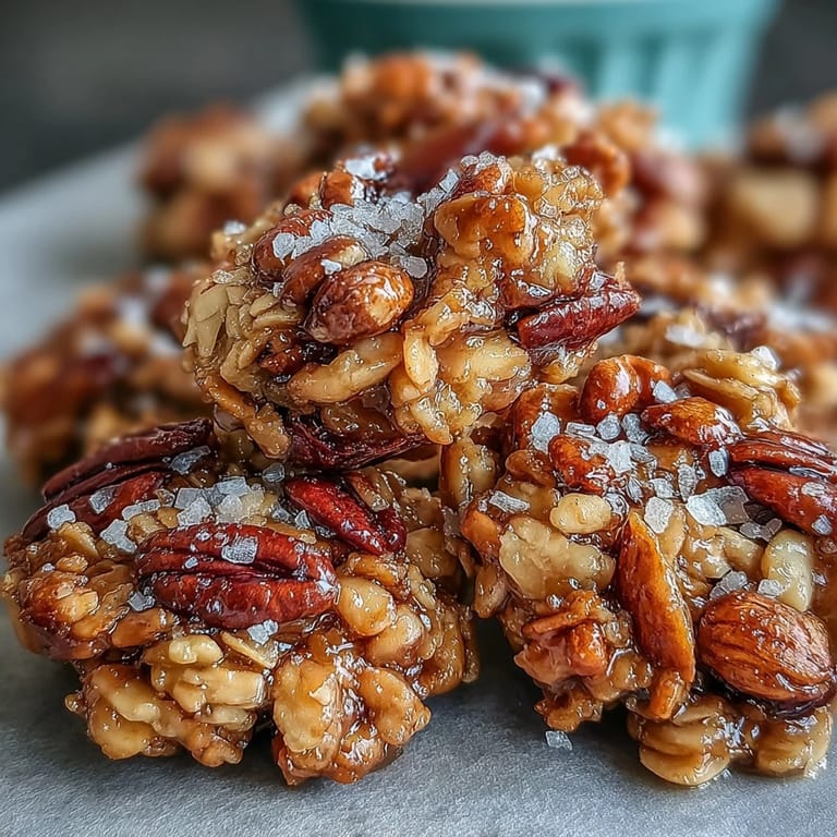 A close-up of baked Salted Honey Granola showing crisp oat texture and sparkling fleur de sel on top.