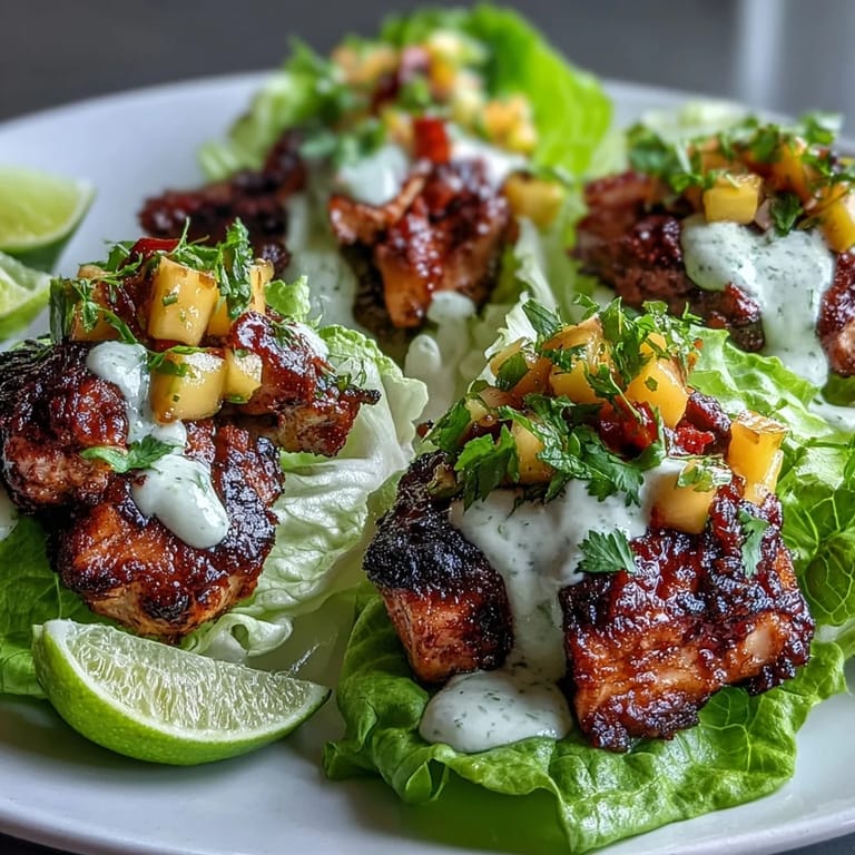 Close-up of a hand assembling a jerk chicken lettuce cup with fresh mango salsa and coconut crema.
