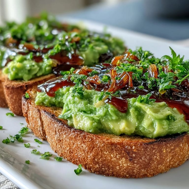A close-up view of Chilli-Lime Avocado Toast on toasted sourdough, featuring a tangy dressing and fresh cilantro for a bright finish.