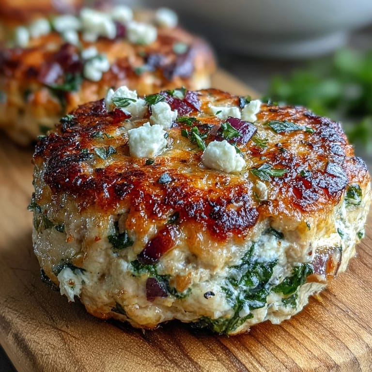 Freshly cooked Greek Turkey Patties on a plate with vibrant Greek salad and feta.