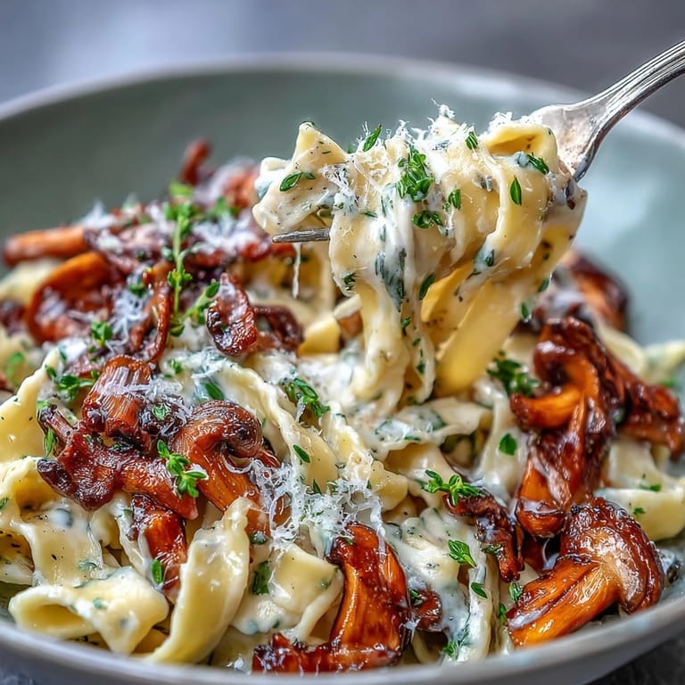 A skillet of One-Pot Creamy Mushroom Pasta with Thyme reveals golden-brown sautéed mushrooms and onions mingling with tender pasta in a rich, creamy sauce.