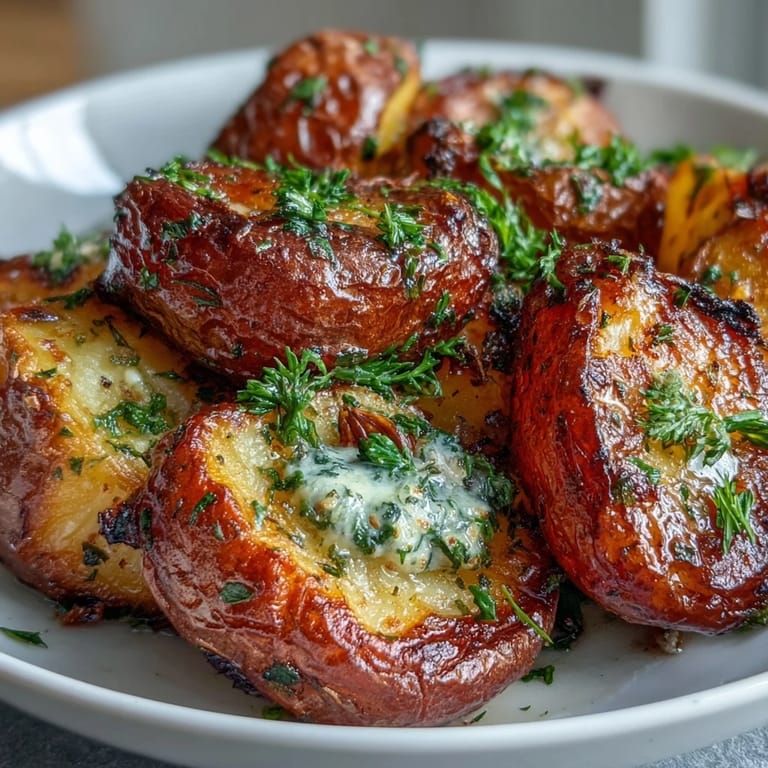 Perfectly smashed garlic & herb potatoes brushed with roasted garlic butter and sprinkled with fresh herbs.