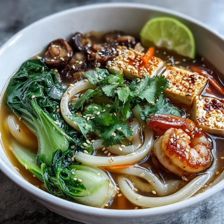 Fragrant broth, udon noodles, and fresh vegetables in mini hot pot bowls ready for guests.