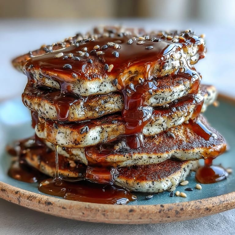 Vibrant plate of Black Sesame Pancakes served with whipped cream, highlighting the unique gray swirls.