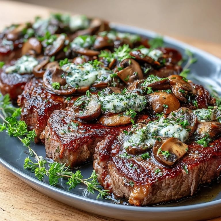 A close-up of golden wild mushroom and garlic butter steak, glistening and savory, ready to be sliced and enjoyed immediately.