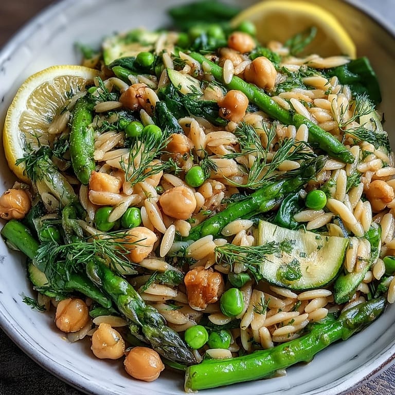 Steaming One-Pot Lemon Herb Orzo and spring vegetables served in a white bowl with lemon wedges.