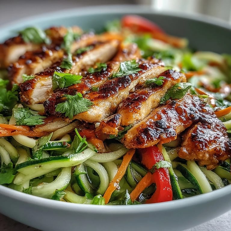A colorful bowl of Summer Detox Cucumber Noodle Salad topped with chili-lime chicken and a zesty lime wedge.