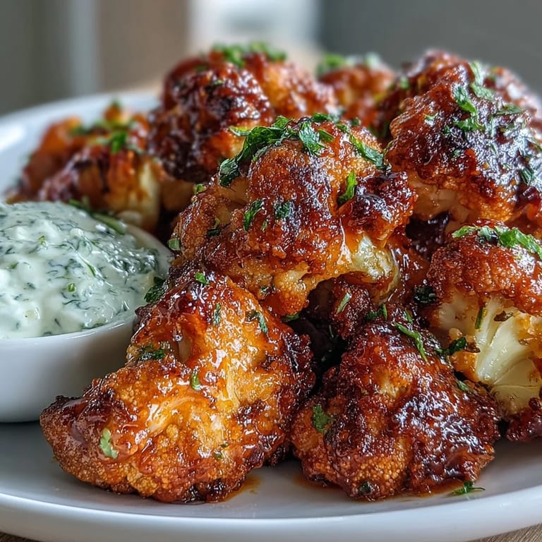 Crispy, spicy buffalo cauliflower florets served alongside a homemade, tangy ranch yogurt dip for dipping.