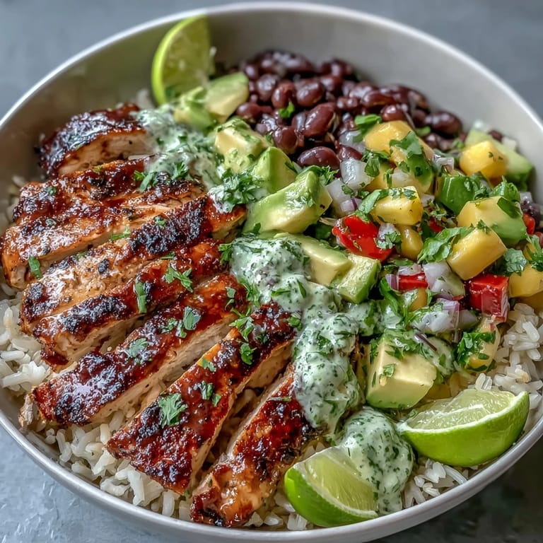 Mango Avocado Salsa Chicken Bowls served over warm brown rice and black beans, garnished with cilantro and a bright wedge of lime.