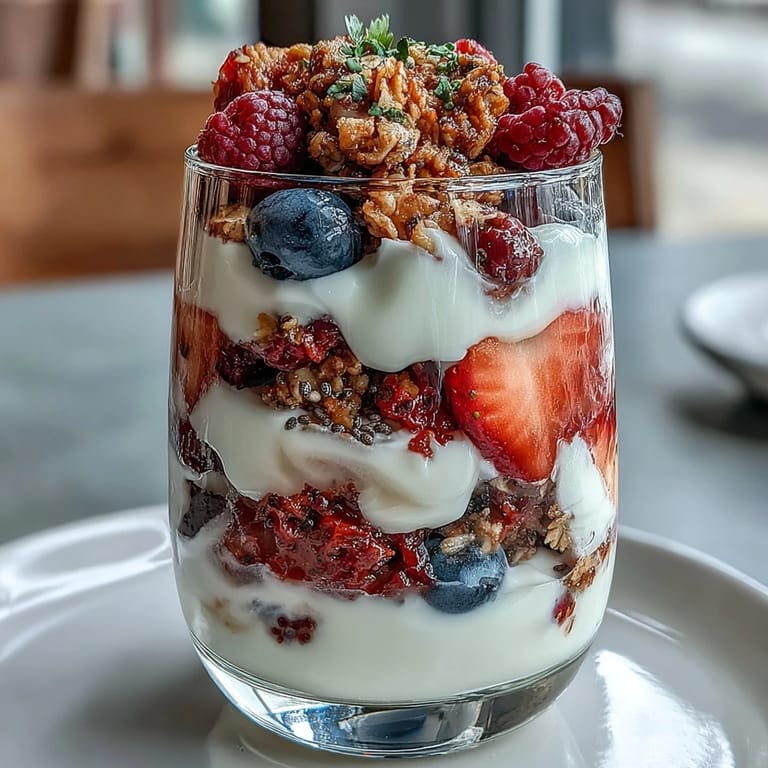 Healthy Greek Yogurt Berry Parfait breakfast with chia seeds and gluten-free granola, ready to enjoy.
