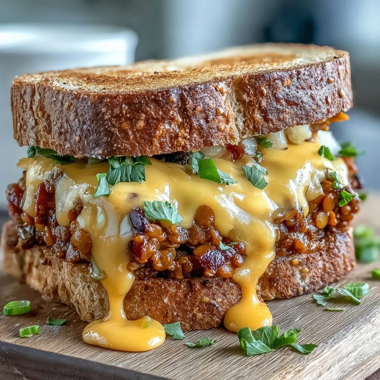 Close-up view of a warm Vegan Cheeseburger Lentil Sloppy Joes on Toasted Sourdough, showing the chunky, savory lentil texture.