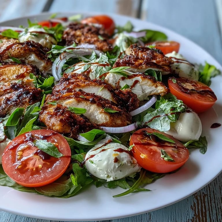Freshly prepared Grilled Chicken Caprese Salad with balsamic glaze, showcasing vibrant tomatoes and creamy mozzarella on a rustic platter.