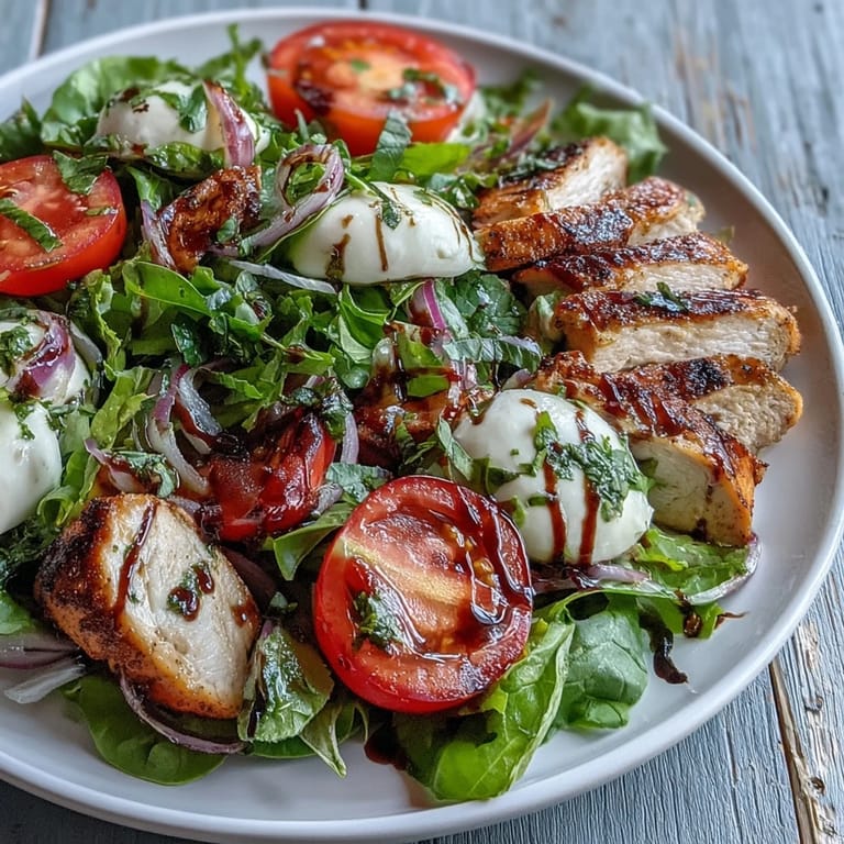 Sliced grilled chicken rests atop mixed greens, tomatoes, and mozzarella, finished with a generous drizzle of balsamic glaze.
