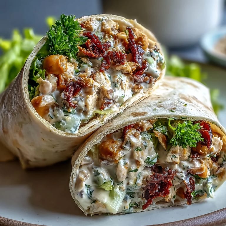 A cross-section view of a plant-based wrap, revealing a hearty chickpea salad and crunchy vegetable fillings.
